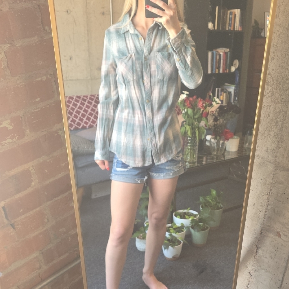 Light Blue Plaid Button-Down Shirt for Women
